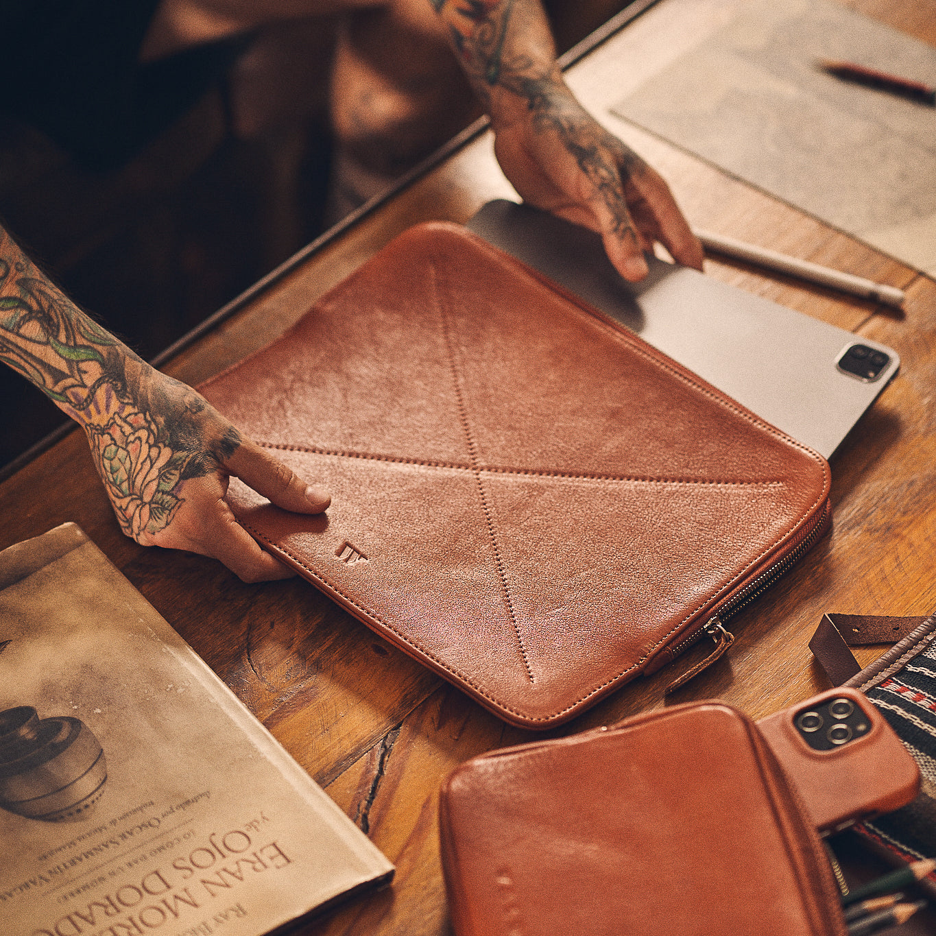 Walden® iPad Sleeve + Genuine Leather Tech Bag Bundle · Terra